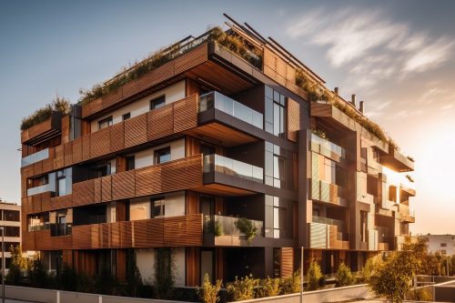 Luxury apartment building with glass facade reflects sunset generated by artificial intelligence